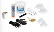 Industrial painting supplies including gloves, rollers, brushes, and sealant for manufacturing pros