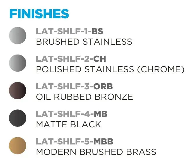 Finishes chart: brushed stainless, polished chrome, oil rubbed bronze, matte black, modern brass