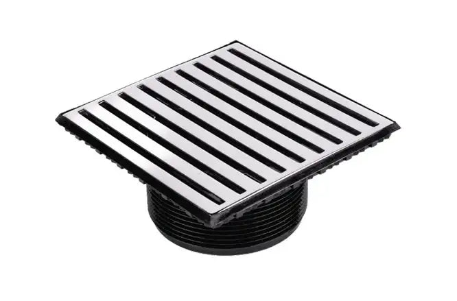 Stainless steel floor drain grate with black base for industrial use