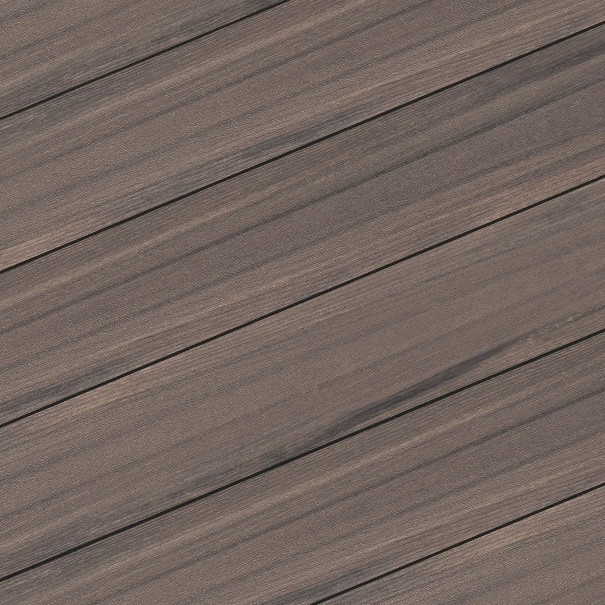 Dark brown wood grain composite decking planks for outdoor patios and decks