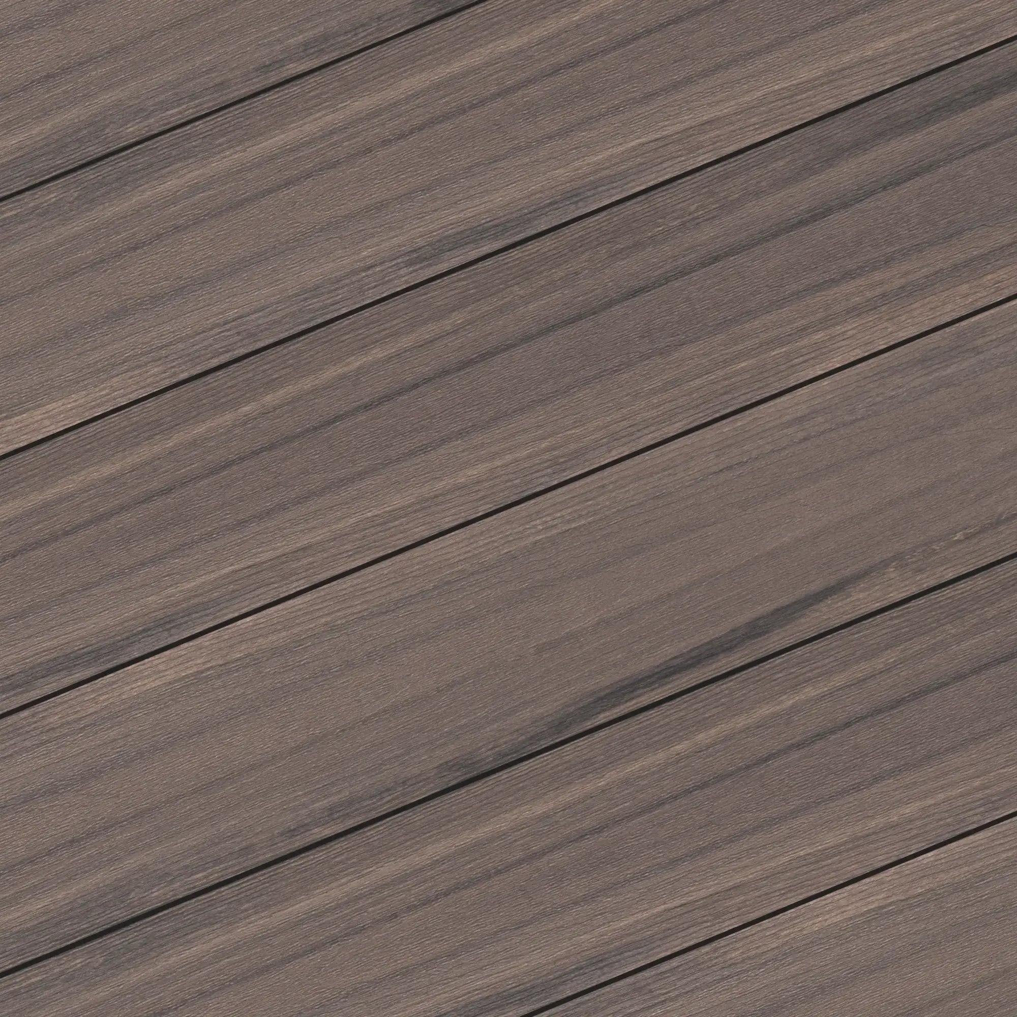 Dark brown wood grain composite decking planks for outdoor patios and decks
