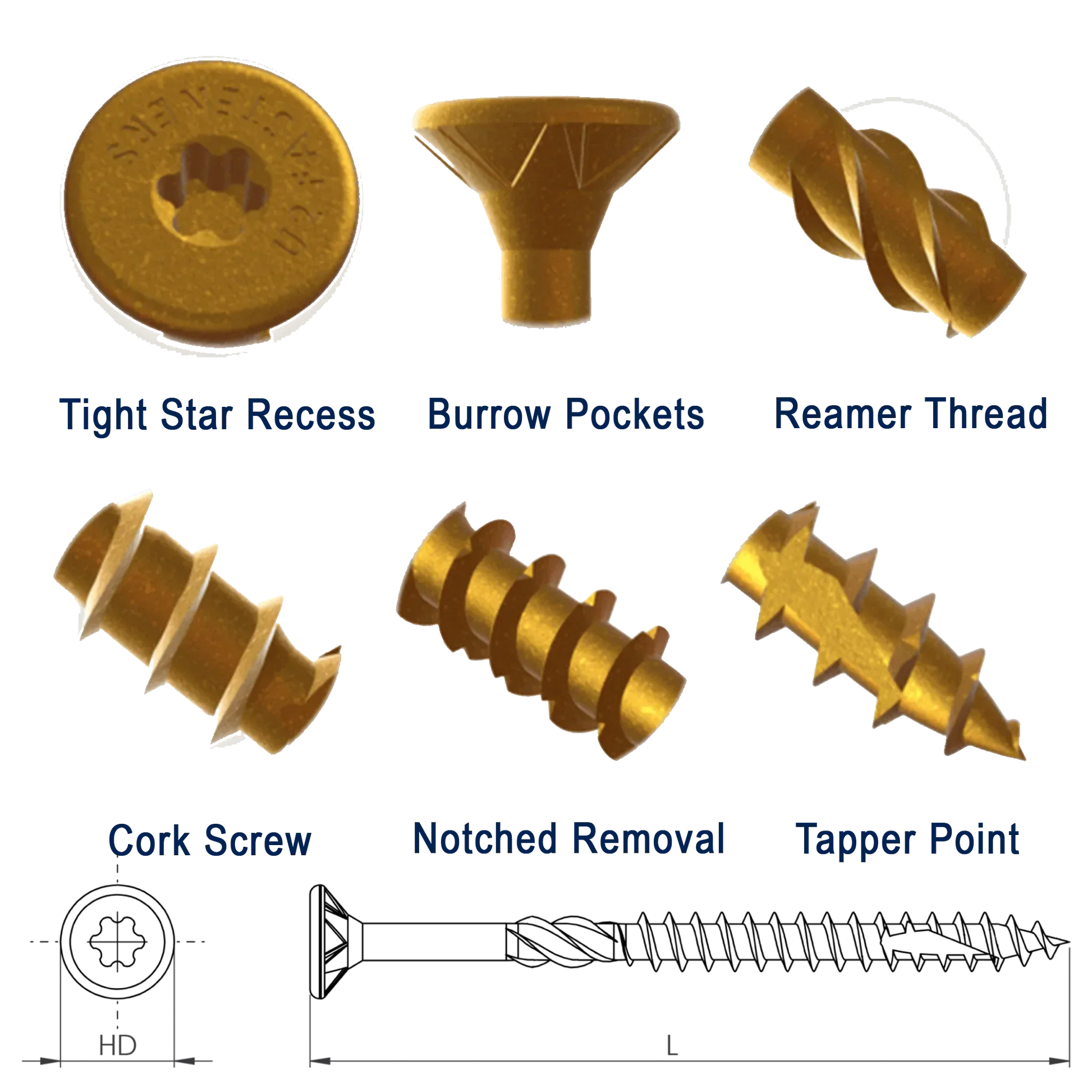 Golden universal screw close-ups showing tight star recess, burrow pockets, reamer thread, cork screw, notched removal, and taper point features