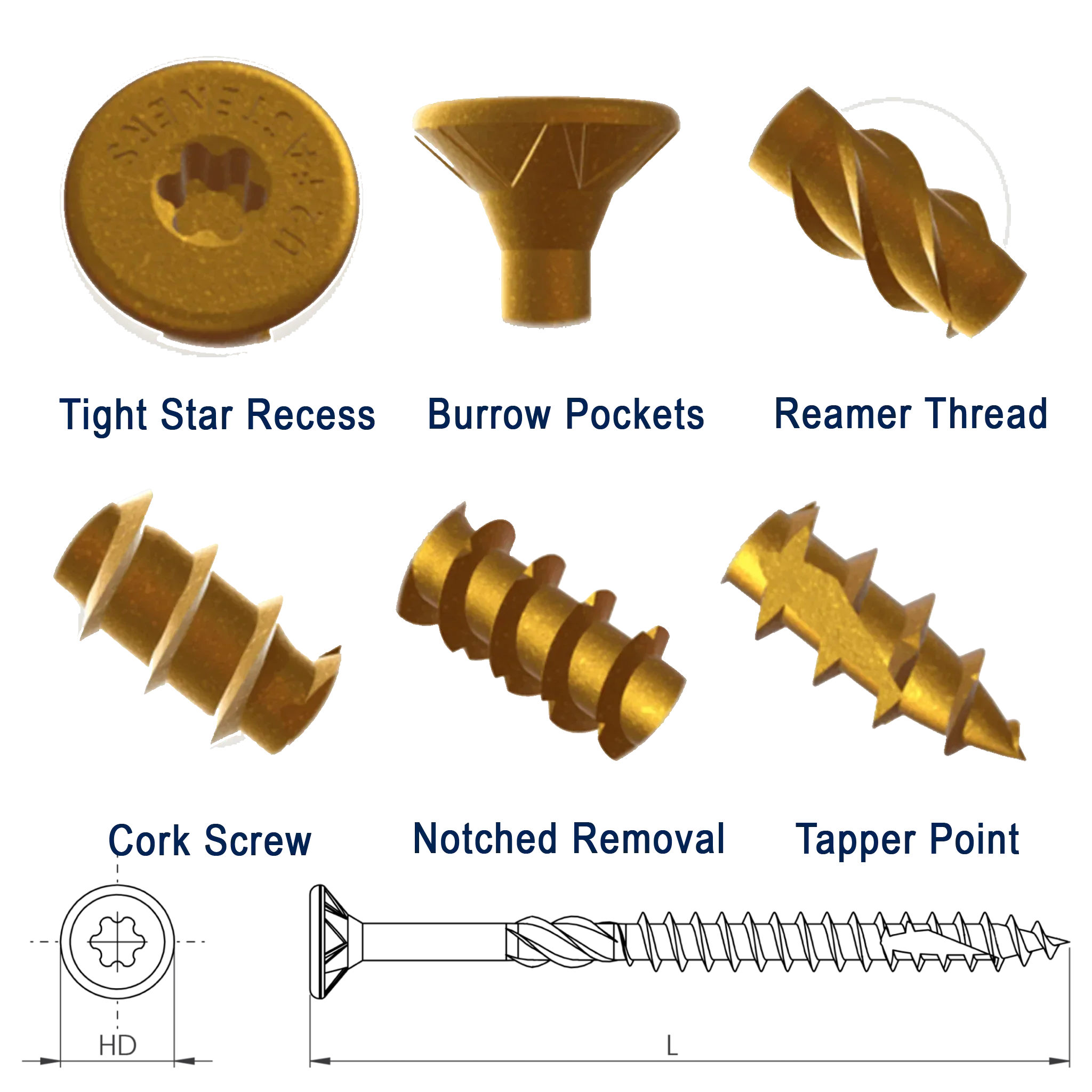 Golden universal screw close-ups showing tight star recess, burrow pockets, reamer thread, cork screw, notched removal, and taper point features