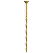Golden universal screw with flat head and threaded body on white background