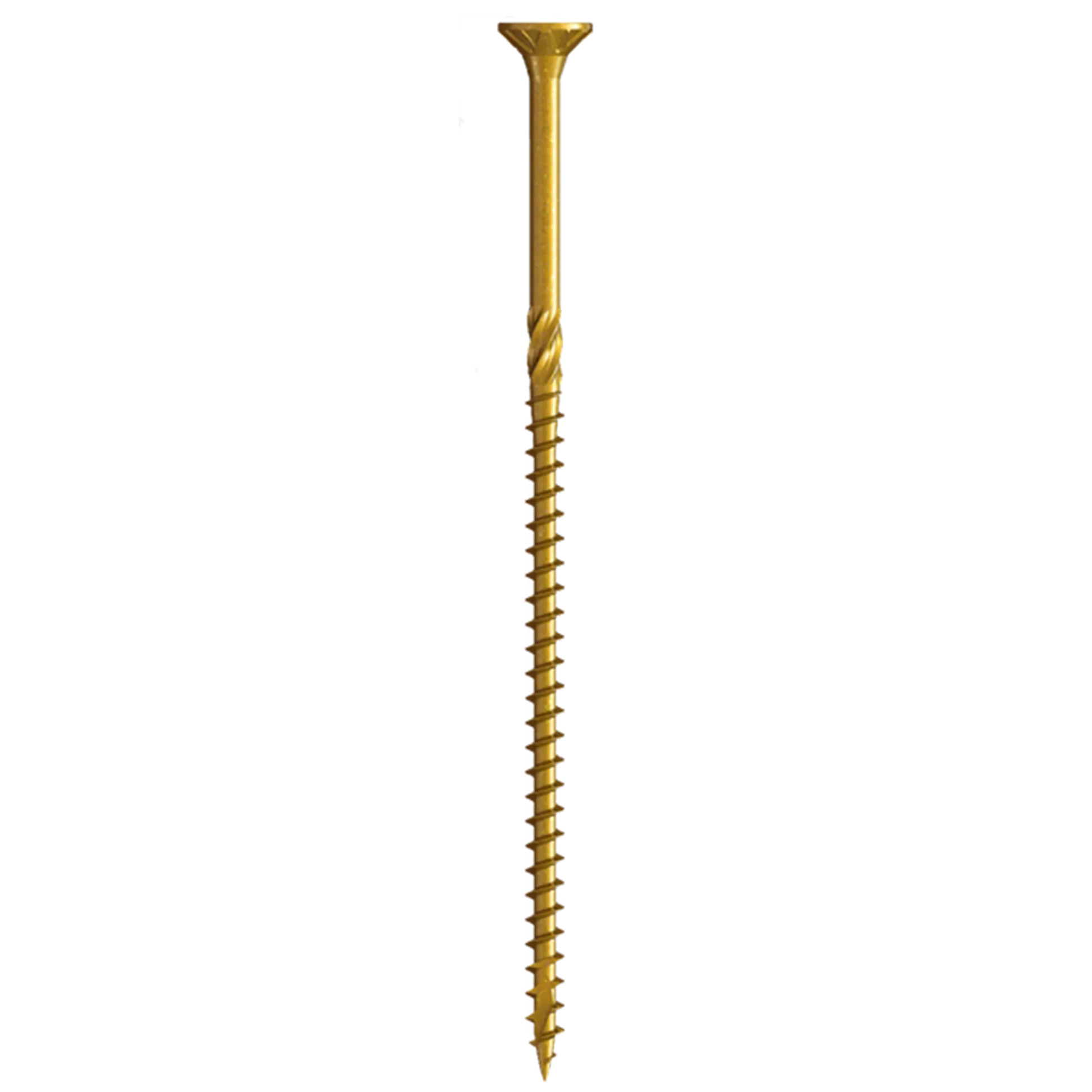 Golden universal screw with flat head and threaded body on white background