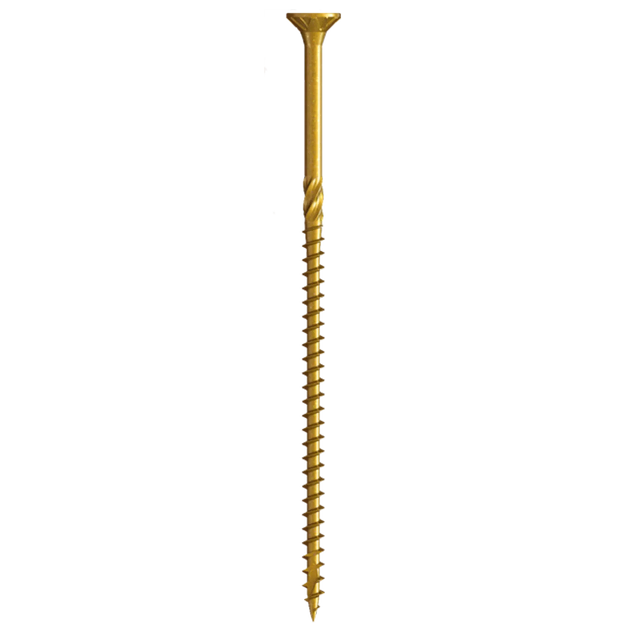 Golden universal screw with flat head and threaded body on white background