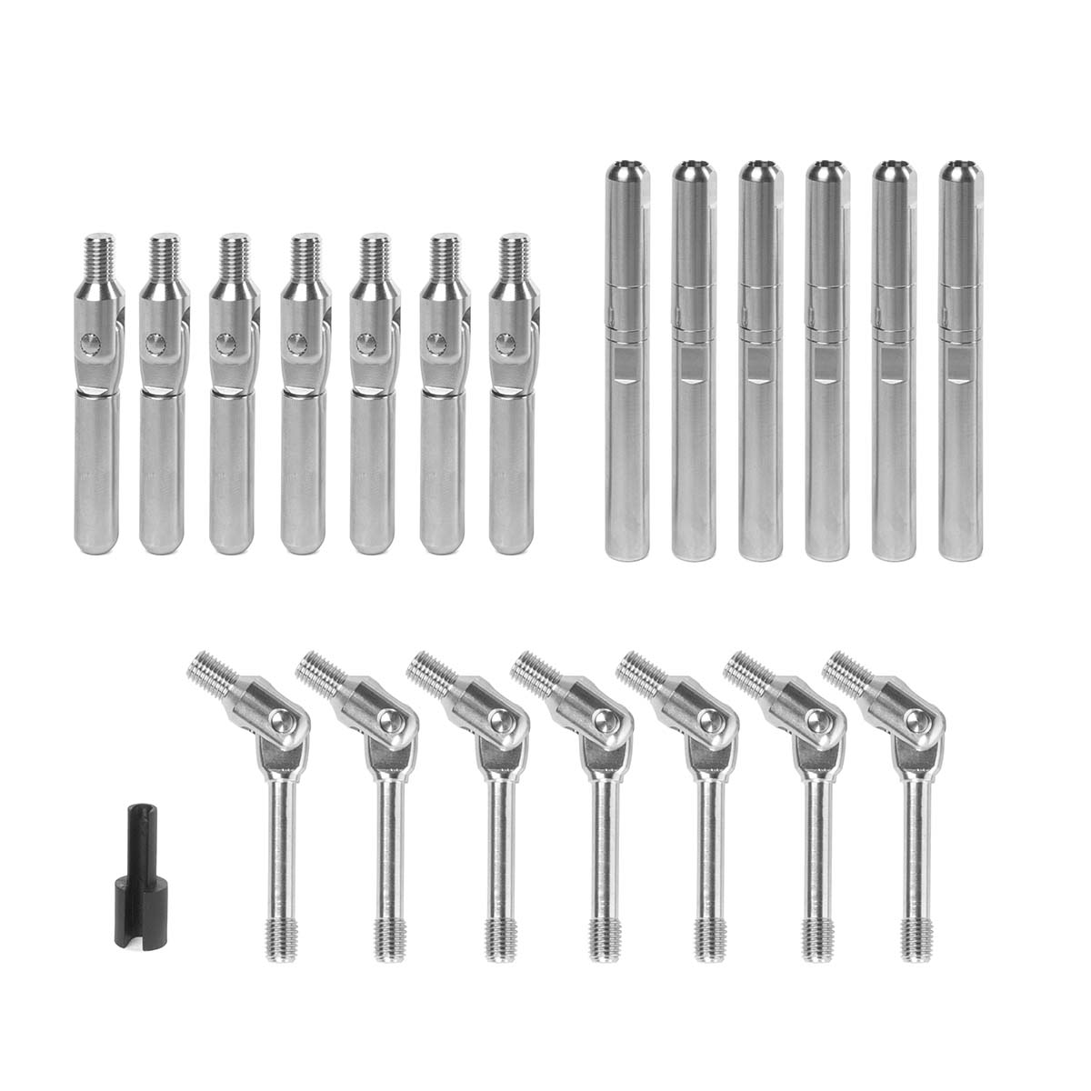 Stainless steel industrial hardware set with threaded rods, connectors, and swivel joints for manufacturing applications