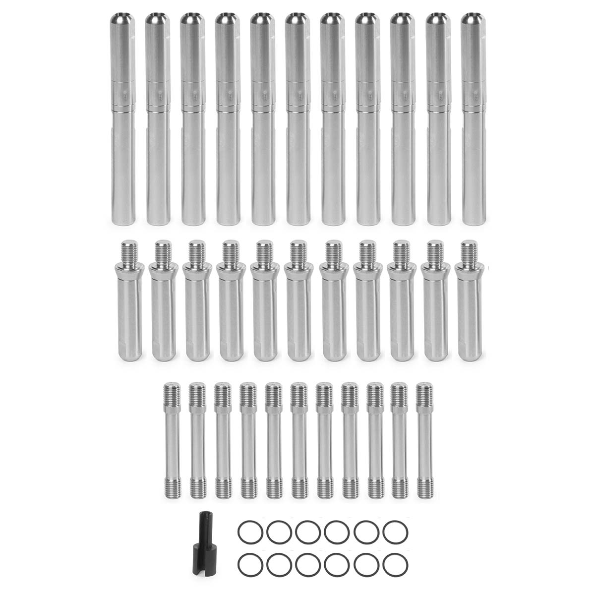Stainless steel dowel pins, threaded rods, O-rings, and installation tool for industrial assembly