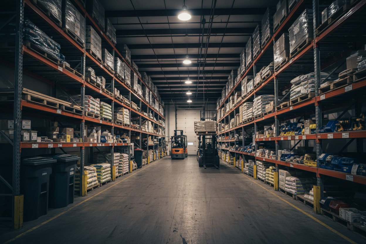 a warehouse for a builder supply store, ultra realistic with a darker overlay