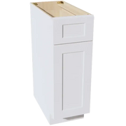 White shaker-style kitchen base cabinet with drawer and door, unfinished interior