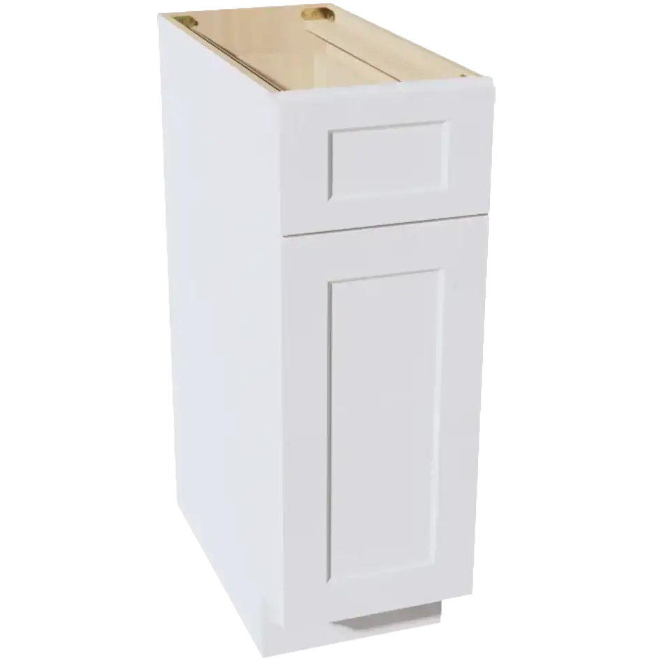 White shaker-style kitchen base cabinet with drawer and door, unfinished interior