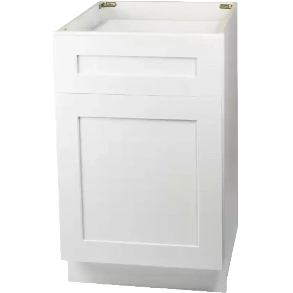 White shaker-style kitchen base cabinet with drawer and door, ideal for modern cabinetry installations