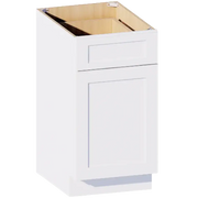 White shaker-style kitchen base cabinet with drawer and door, unfinished interior