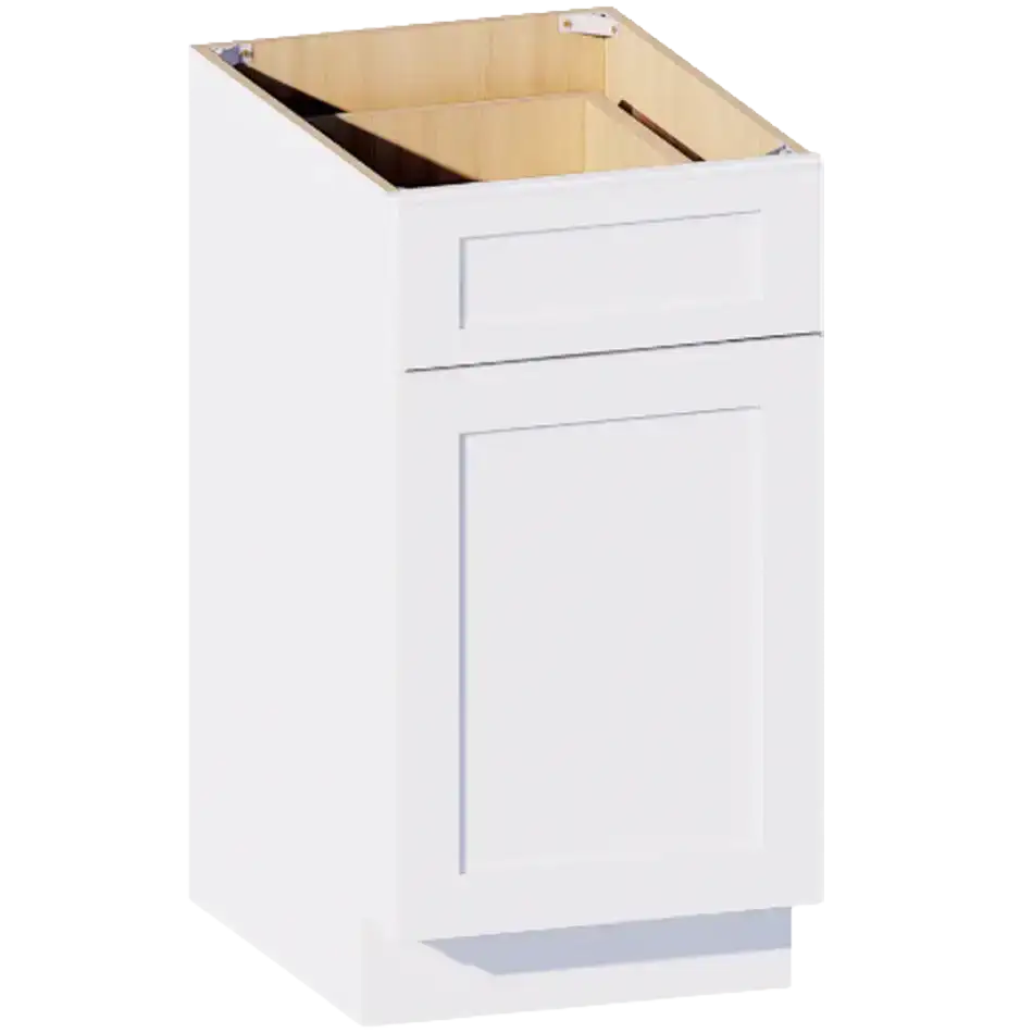 White shaker-style kitchen base cabinet with drawer and door, unfinished interior