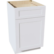 White shaker-style base kitchen cabinet with drawer and door, unfinished interior