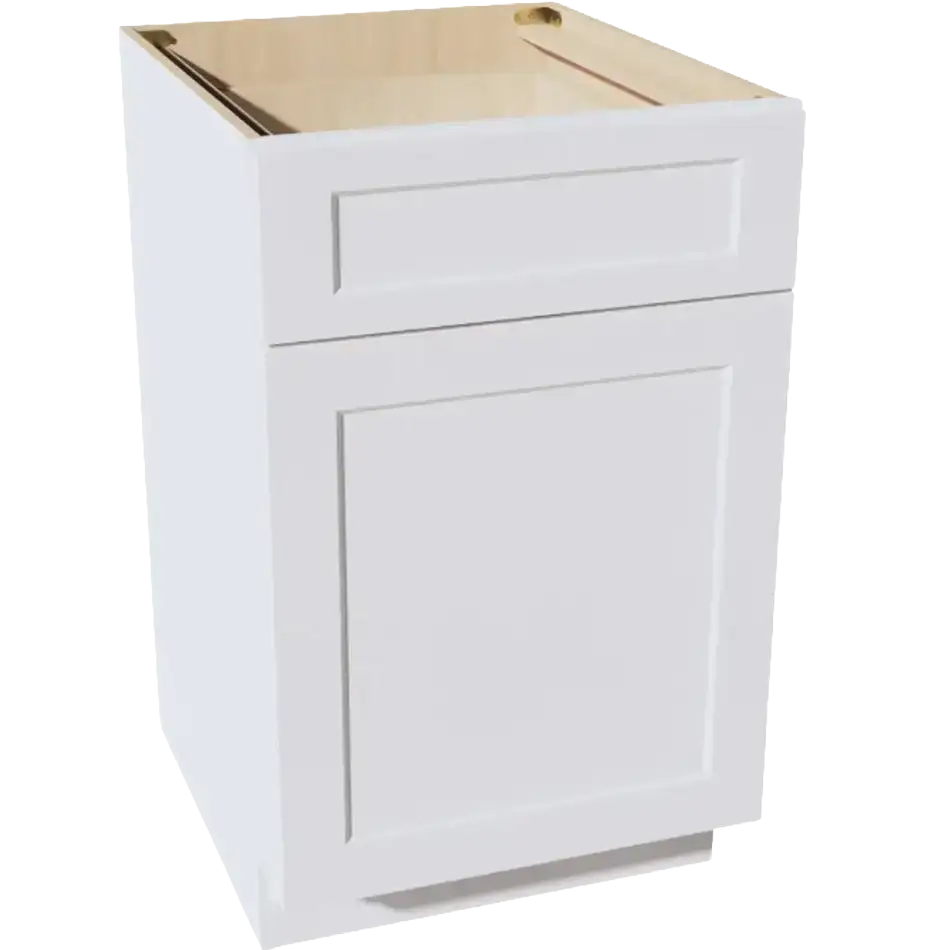 White shaker-style base kitchen cabinet with drawer and door, unfinished interior