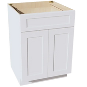 White shaker-style kitchen base cabinet with drawer and double doors, unfinished interior