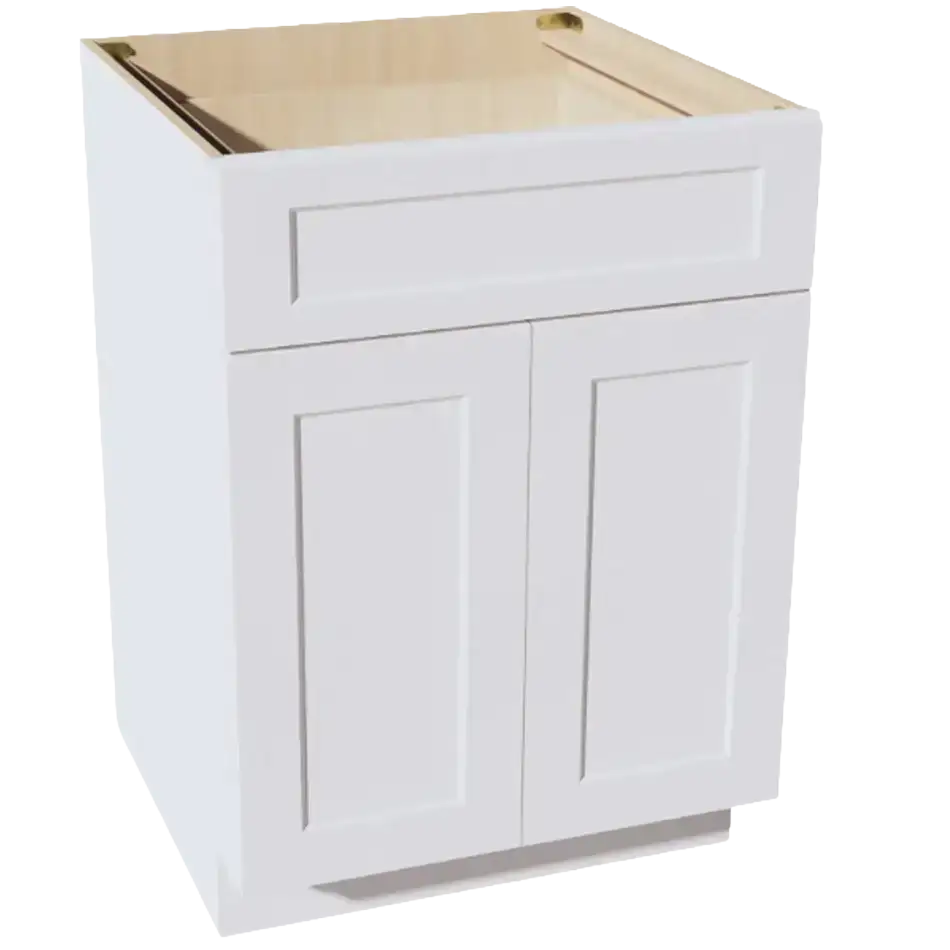 White shaker-style kitchen base cabinet with drawer and double doors, unfinished interior