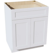 White shaker-style base kitchen cabinet with drawer and double doors, unfinished interior