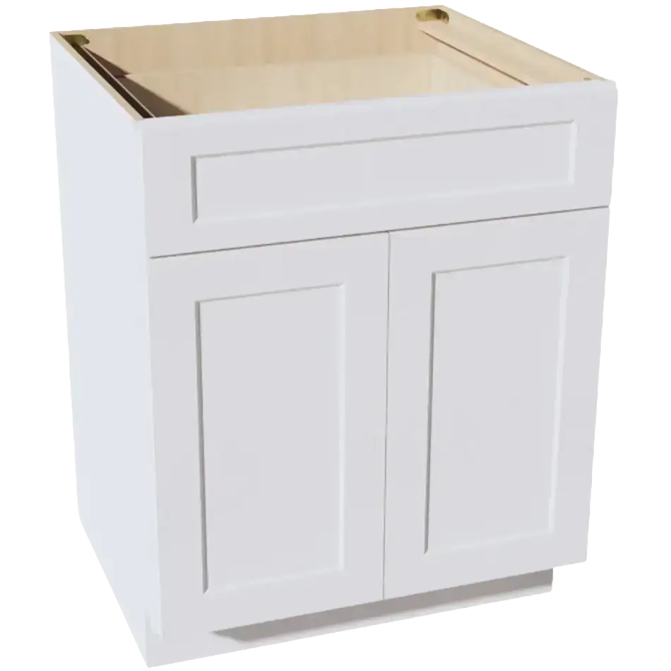 White shaker-style base kitchen cabinet with drawer and double doors, unfinished interior