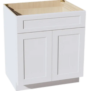 White shaker-style kitchen base cabinet with drawer and double doors, unfinished interior