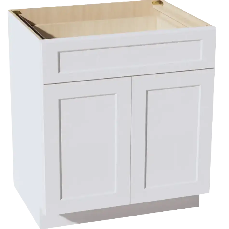 White shaker-style kitchen base cabinet with drawer and double doors, unfinished interior