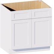 White shaker-style kitchen base cabinet with two drawers and two doors, unfinished interior