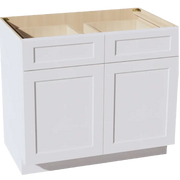 White shaker-style kitchen base cabinet with two drawers and two doors, unfinished interior