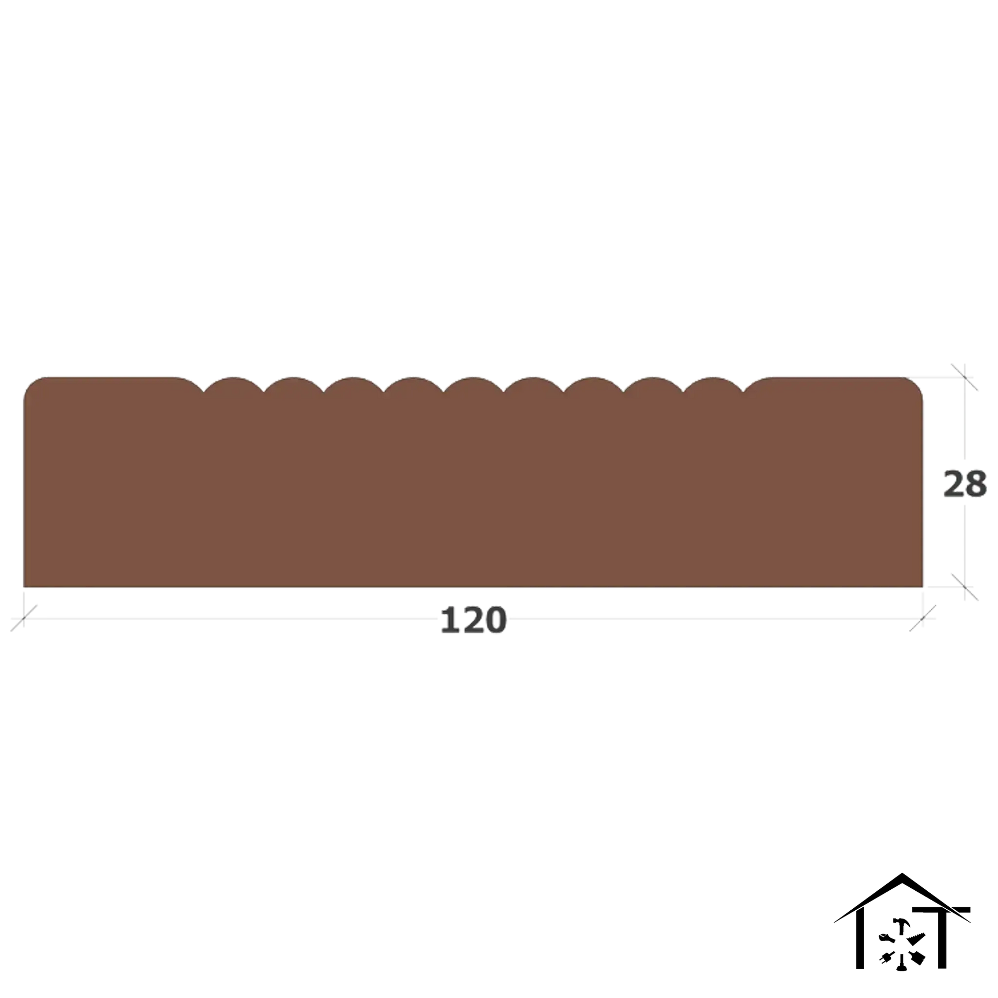 Brown industrial gasket with scalloped edge, 120mm x 28mm, for manufacturing equipment seals