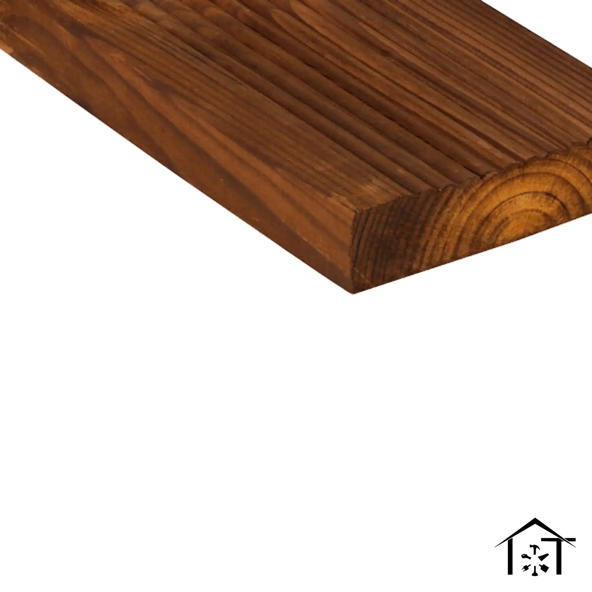 Treated wood plank with visible grain and rounded edge for construction or decking projects