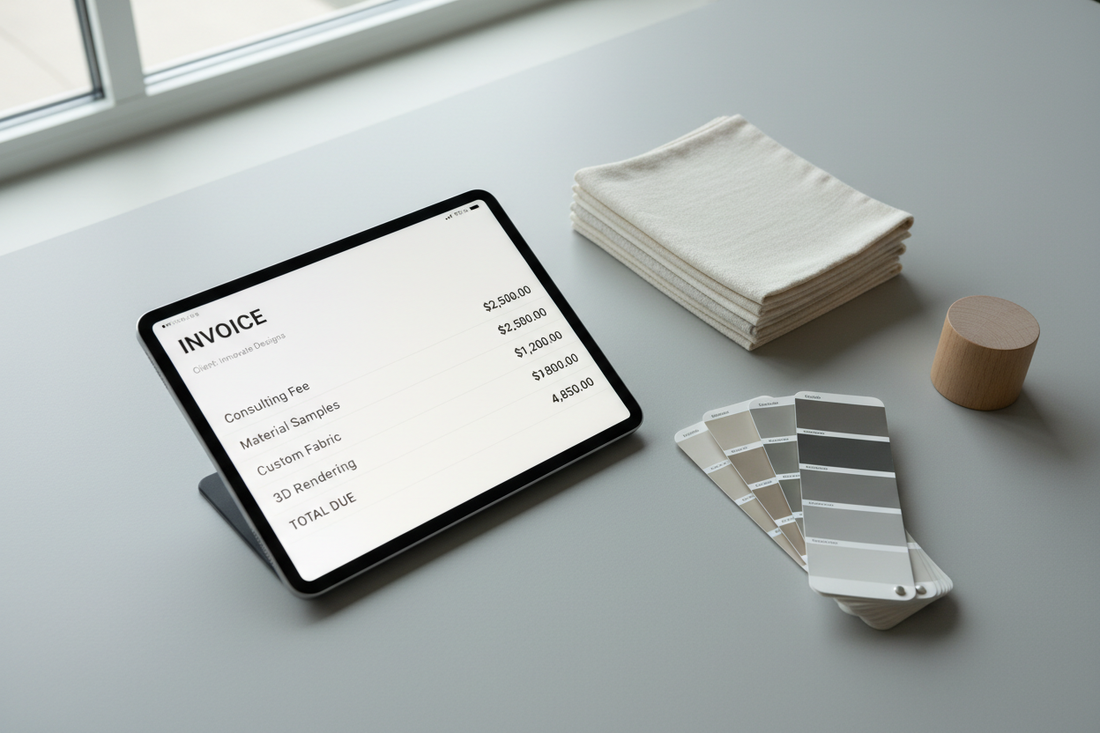 Clean shot of an open price list or invoice on a tablet with visible (attractive) numbers, next to material samples

