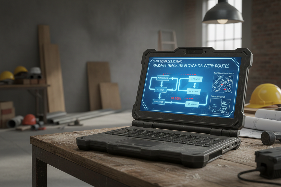 close up of a laptop on a jobsite with a diagram of order shipping on the computer screen