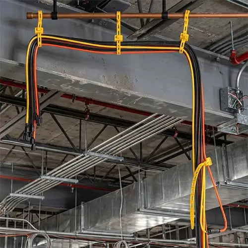 Industrial cable management with yellow clips securing black and orange wires in a factory setting
