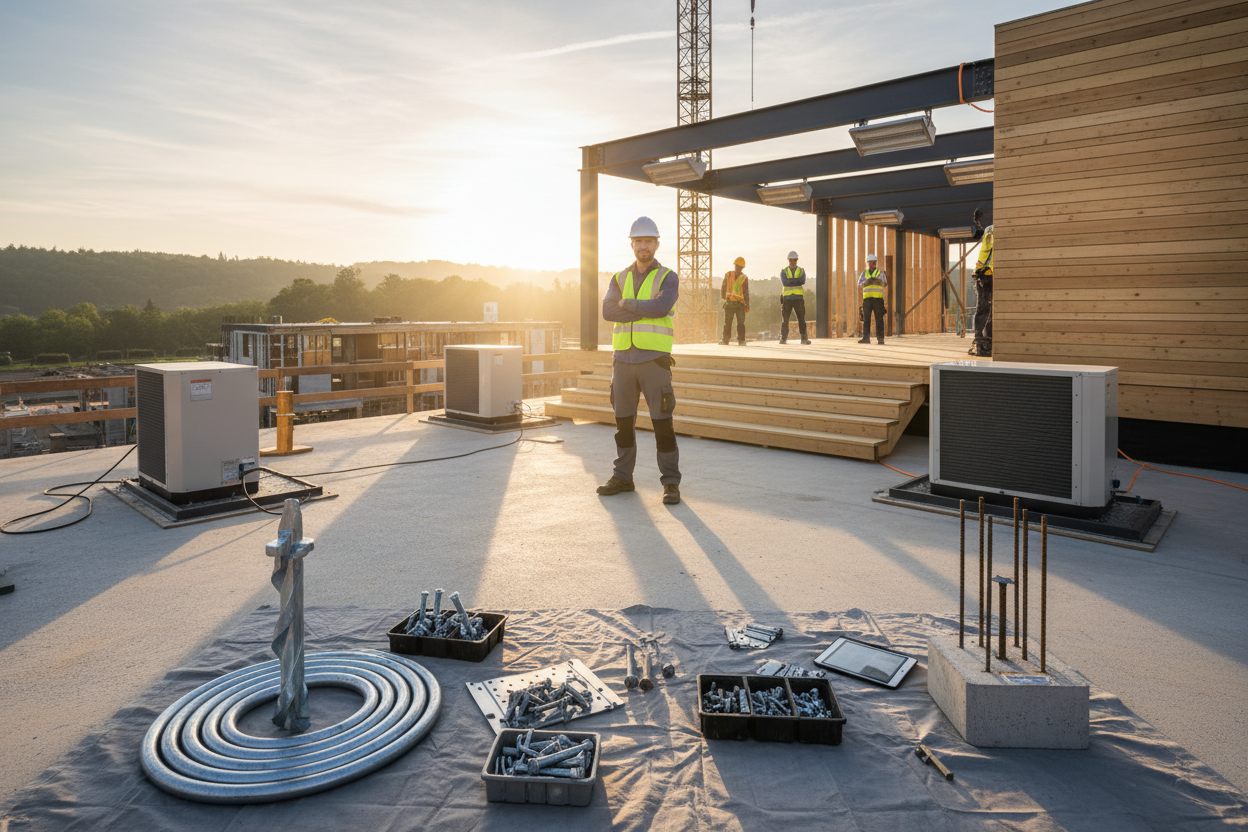 Create a professional, high-resolution banner image (wide format, 1920x600 pixels) for a construction supply company's wholesale sign-up section. The scene depicts a confident male contractor in a hard hat and safety vest, standing on a modern construction job site at dawn, overseeing a team installing premium sustainable wood siding and efficient industrial heaters on a half-built eco-friendly deck structure. In the foreground, showcase close-up details of high-quality building products like helical ground