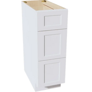 White 3-drawer base cabinet with recessed panel doors, unfinished top, for kitchen or workshop storage