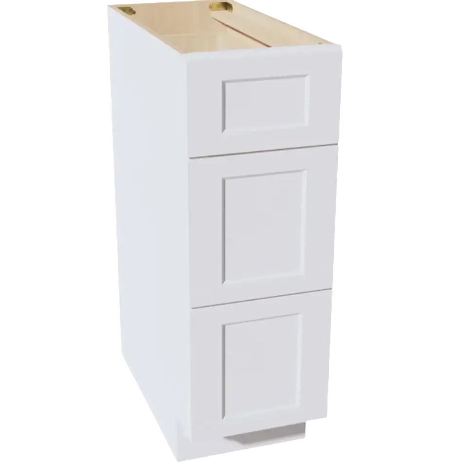 White 3-drawer base cabinet with recessed panel doors, unfinished top, for kitchen or workshop storage
