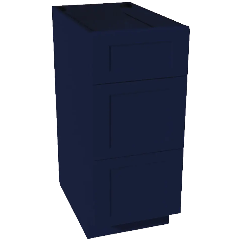 Navy blue industrial storage cabinet with three drawers for workshop or factory use