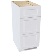 White shaker-style base cabinet with three drawers, unfinished interior, for kitchen or workshop storage