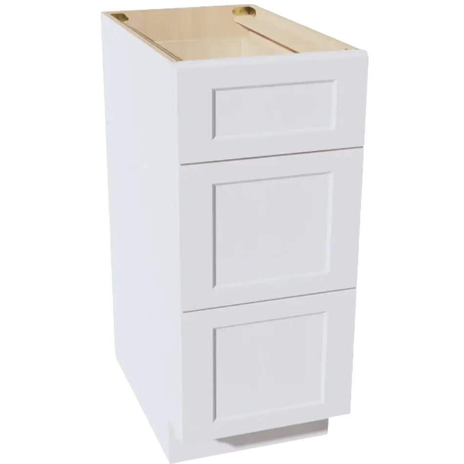White shaker-style base cabinet with three drawers, unfinished interior, for kitchen or workshop storage