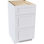 White shaker-style cabinet with three drawers, unfinished interior, for kitchen or workshop storage