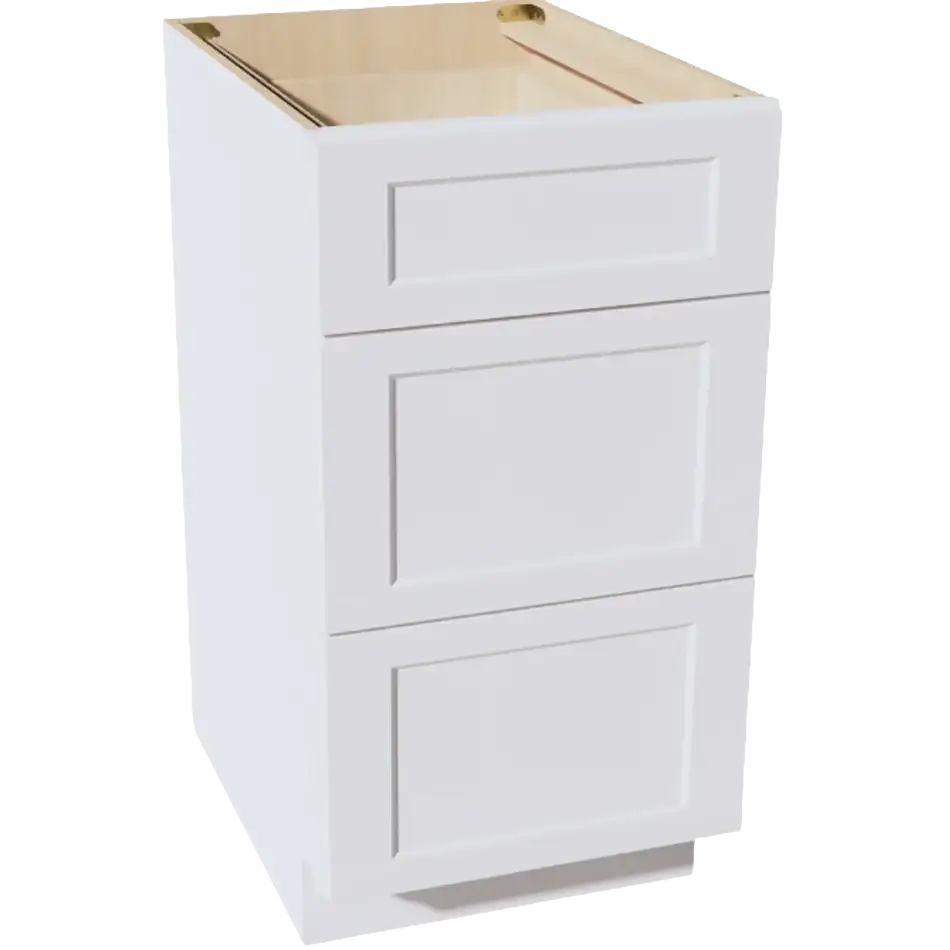 White shaker-style cabinet with three drawers, unfinished interior, for kitchen or workshop storage