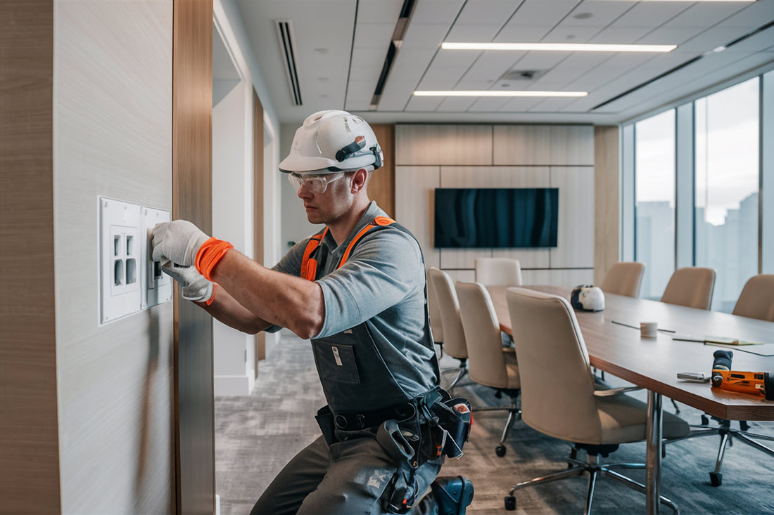 Person in a hard hat working on an electrical outlet in a modern office setting.