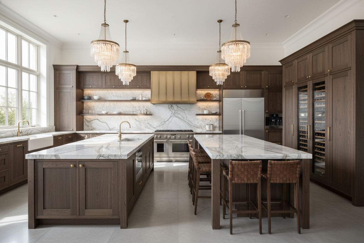 gorgeous large kitchen showcasing high end cabinets