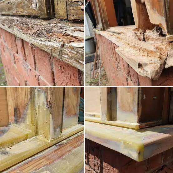 Before and after wood repair on brick building exterior using industrial-grade epoxy filler