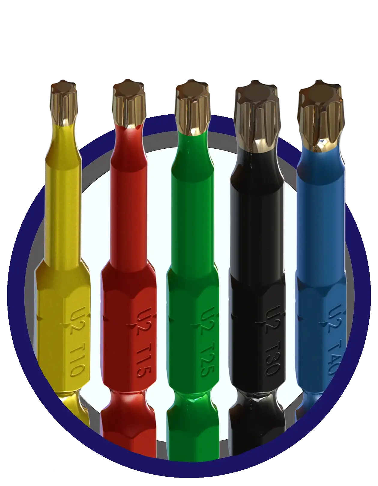 Color-coded Torx screwdriver bits in yellow, red, green, black, blue for industrial tools and manufacturing