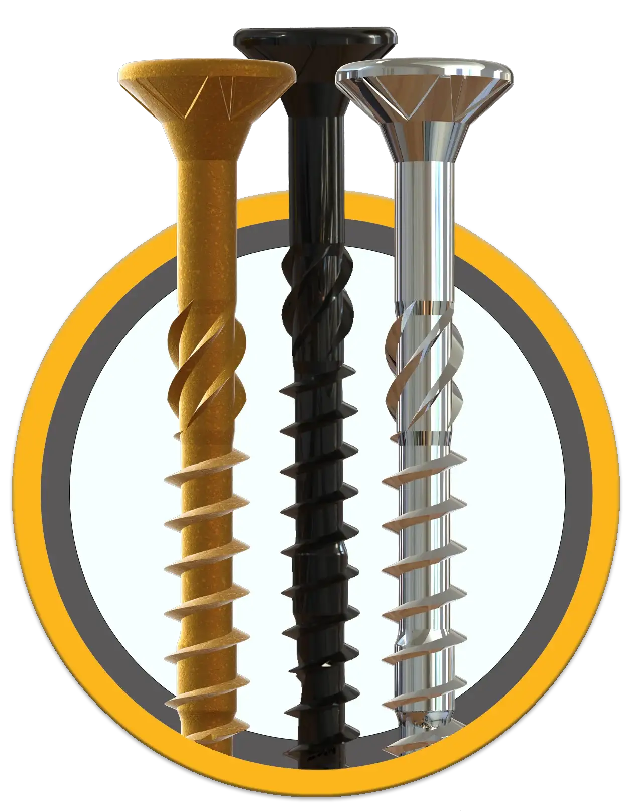 Three industrial screws in gold, black, and silver with threaded shafts, ideal for manufacturing and construction projects.