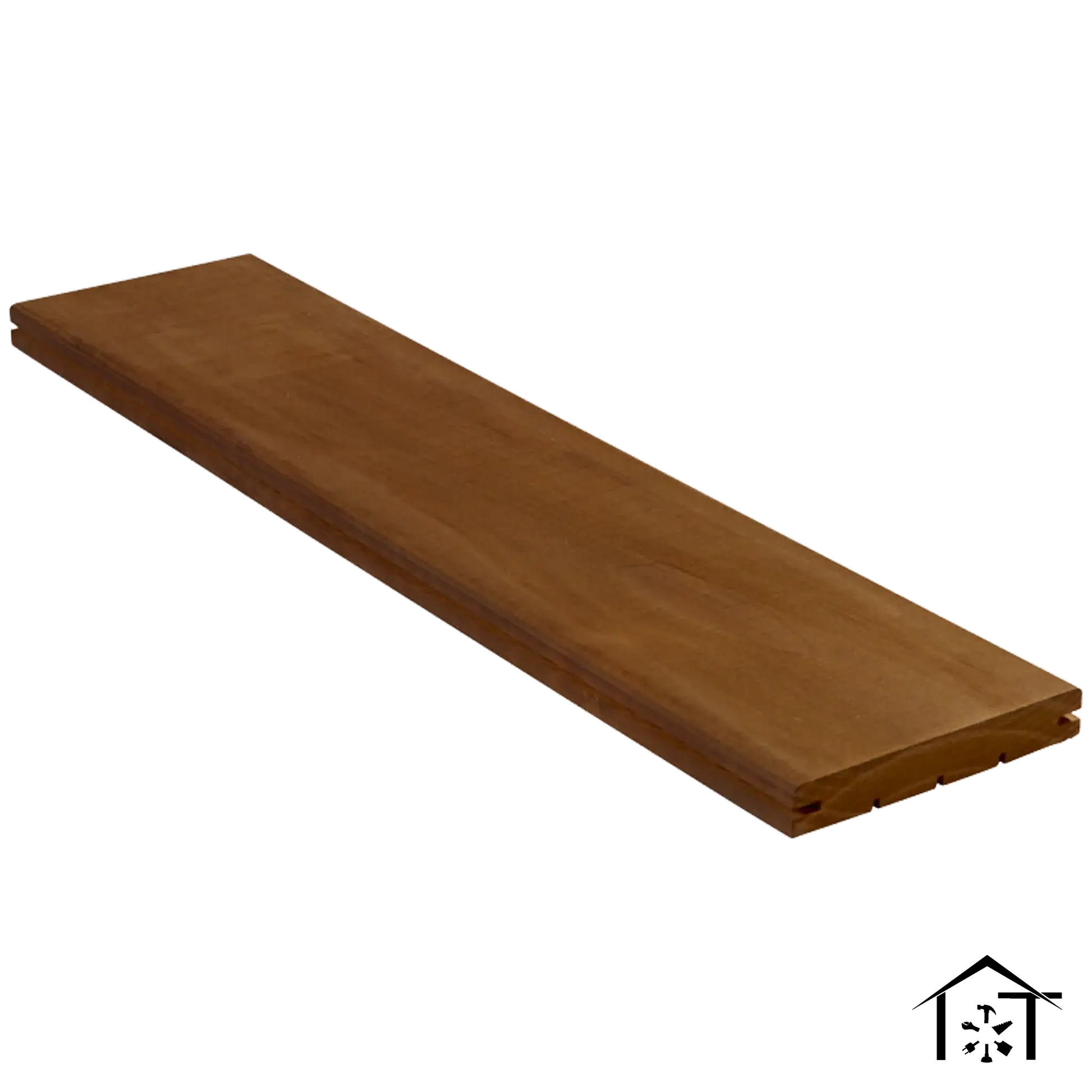 Brown wooden deck board with interlocking edges for outdoor flooring installation