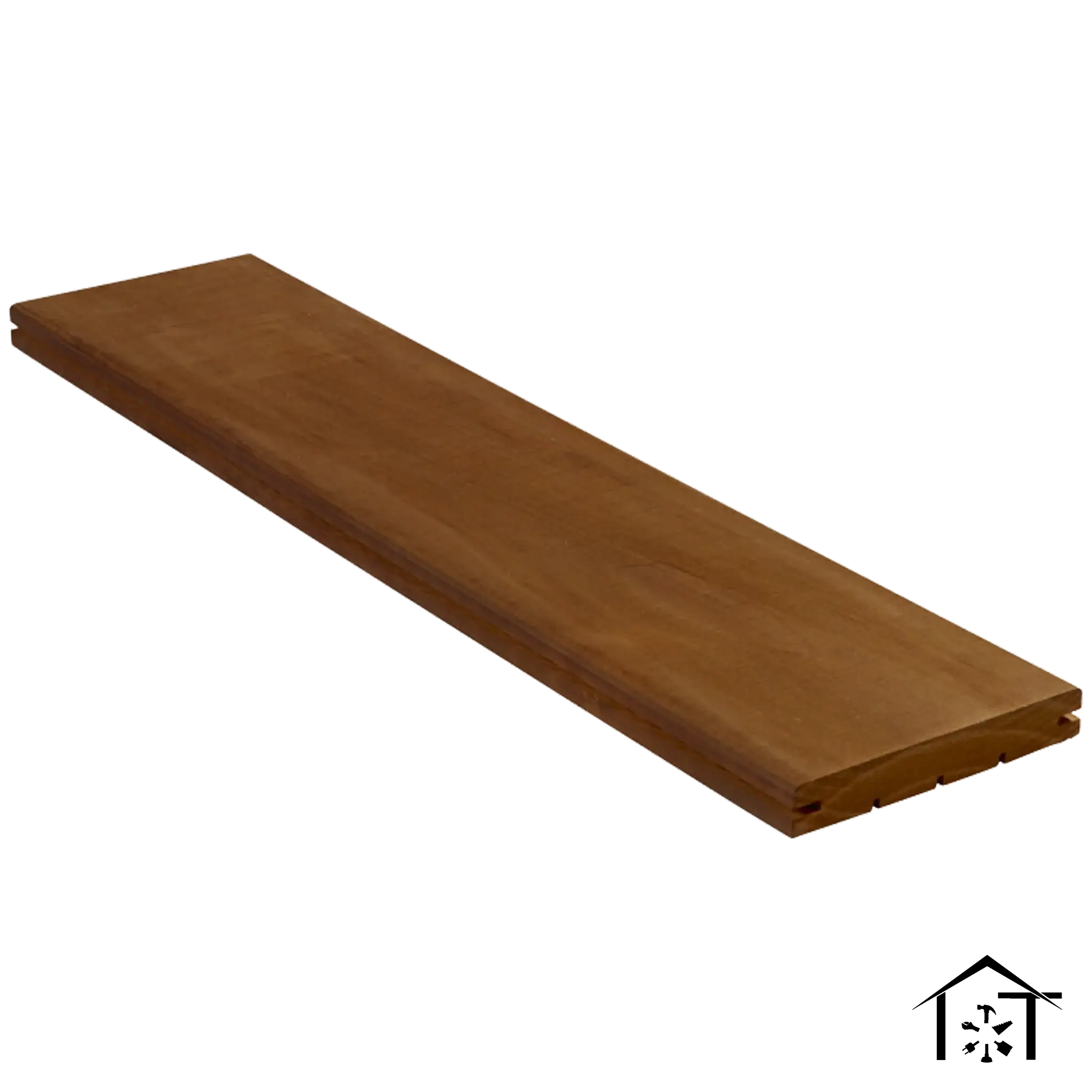 Brown wooden deck board with interlocking edges for outdoor flooring installation