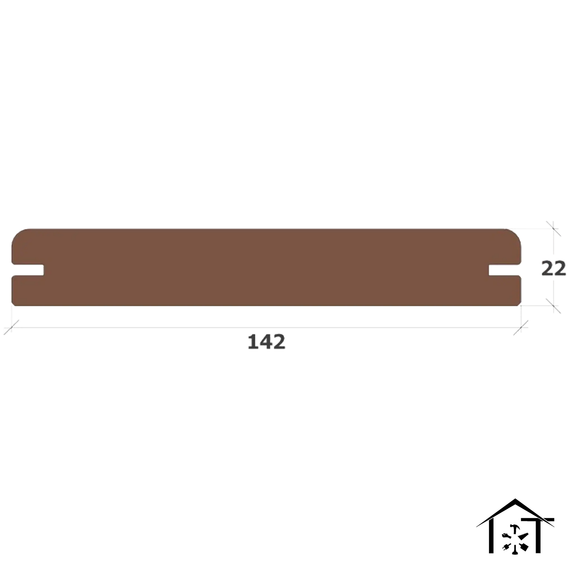 Brown industrial mounting bracket, 142mm x 22mm, for manufacturing equipment and tooling applications.