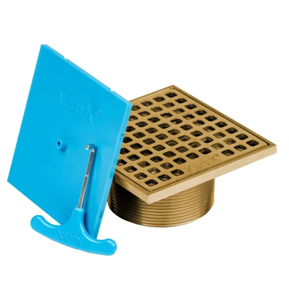KurbX brass floor drain with blue installation tool for industrial plumbing applications